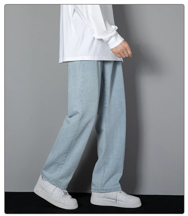 Threebooy 2025 New Korean Men's Casual Long Jeans Classic Man Straight Denim Wide-leg Pants Solid Color Light Blue Grey Black
