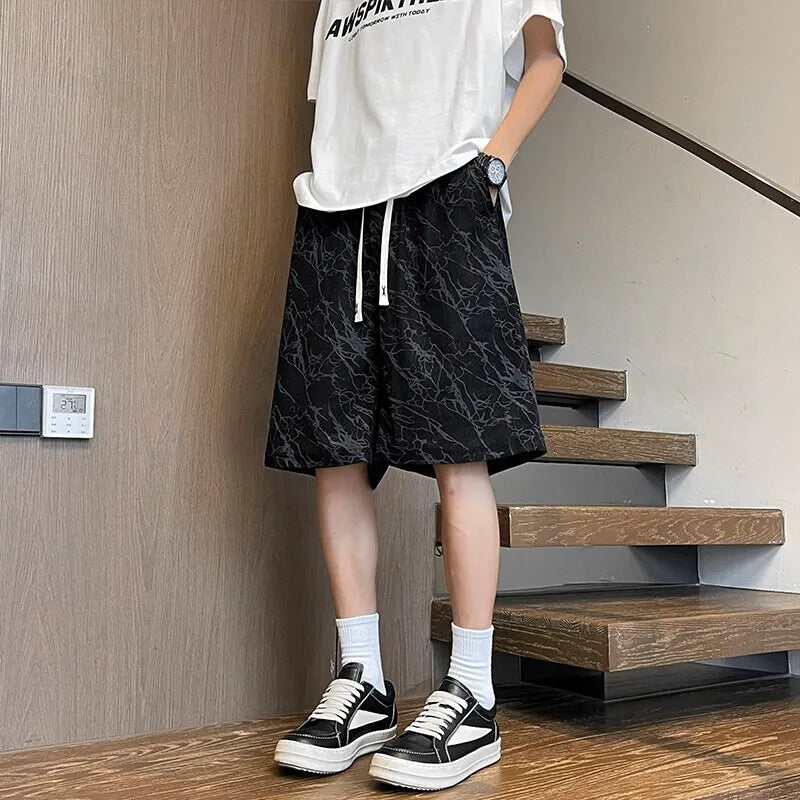 Threebooy  Mens Summer Casual Shorts Marble Pattern Elastic Waist Drawstring Breathable Stretch Comfort Outdoor Beach Lounge Wear Fashion