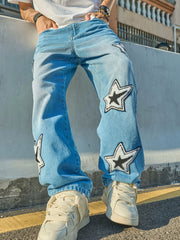 Threebooy  American Retro Letter and Star Embroidered Jeans with a Street-Style Niche Design, Loose Wide-Leg Versatile Scimitar Pants, Trendy