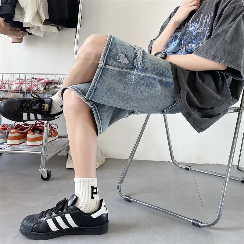 Threebooy Baggy Jeans Men's Blue Shorts Streetwear Luxury Man Jeans Jorts Straight Trousers Wide Pants Ripped Clothing