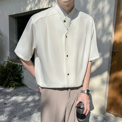 Threebooy  Irregular Collar Design Shirt for Men Summer Loose Half Sleeve Casual Shirts Ice Silk Breathable Streetwear Social Men Clothing