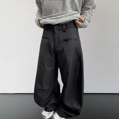 Threebooy Multiple Pockets Curved Knife Man Suit Pants Spring Autumn Metal Zipper Straight Wide Leg Baggy Pants New Y2k Loose Men Trousers
