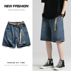 Threebooy Summer Men's Loose Denim Shorts Fashion Belt Street Boy Casual Baggy Five-point Pants All-match Casual Shorts