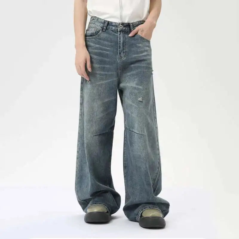 Threebooy  American Style Men's Denim Pants Washing Fashion Loose Men's Straight Trousers Casual Wide Leg Jeans New Summer
