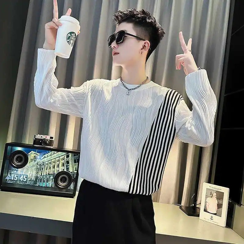 Threebooy Men Trendy Corrugated Sweatshirts High-end Pullovers T-shirts New Men Tops Long-sleeved T-shirts Tops
