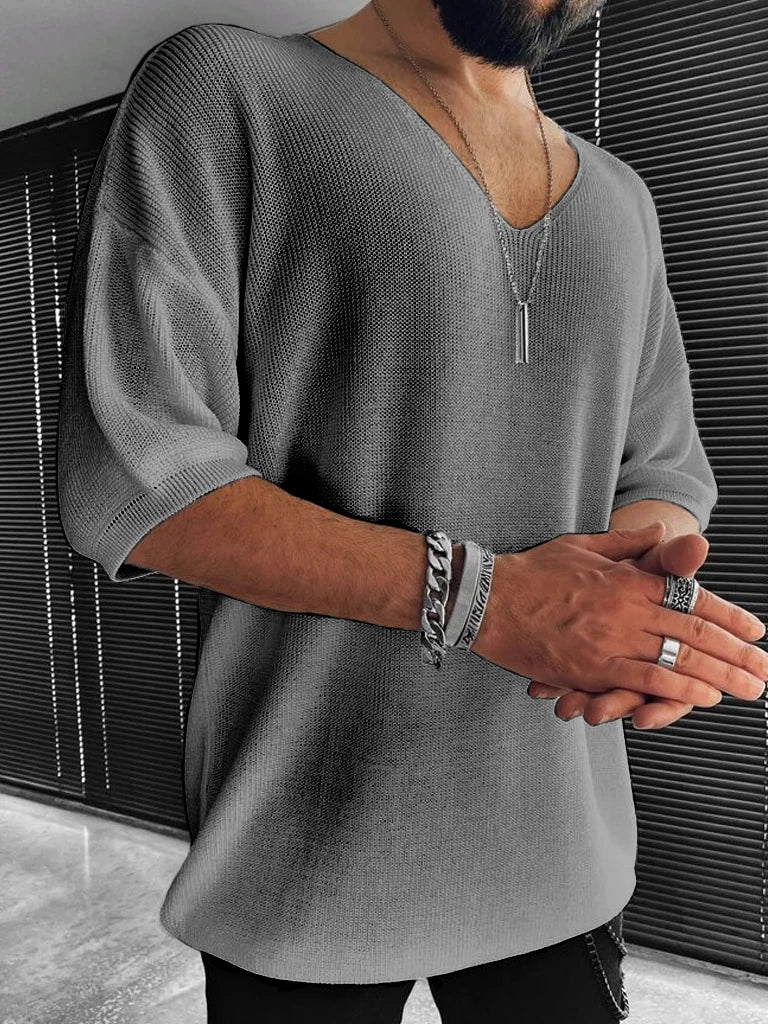 Threebooy  Big Size Mens Oversized Drop Shoulder Waffle Knit V Neck T Shirts Loose Short Sleeve Breathable Knitted Casual Tees 2XL-5XL