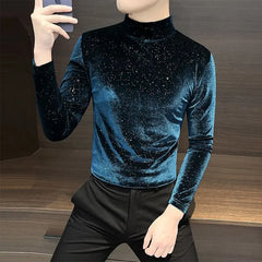 Threebooy  Men's Velvet Long Sleeve T Shirt New Style Autumn Winter Half High Collar Top All Over Star Pattern