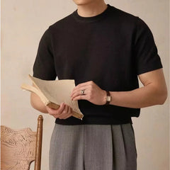 Threebooy  New Korean Fashion Men T-shirt Light Luxury Knitted Breathable O Neck Tees Casual Slim-fit Solid Color Short Sleeve Basic Tops