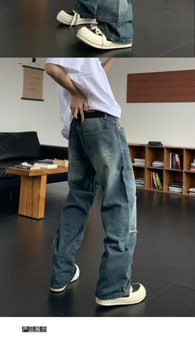Threebooy American street men and women spring and autumn straight tube washed workwear jeans for couples loose retro casual pants y2k