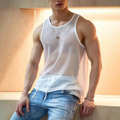 Threebooy  Summer Men's Luxury Knit Fashion Transparet Tank Tops O Neck Sleeveless Mesh Sexy Solid Color Vest Breathable Party Men Clothing