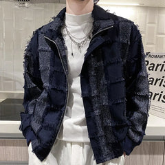 Threebooy Plaid Contrast Color Stitching Male Jacket Streetwear Color Contrast Men Varsity Jacket Tassel Baseball Vintage Bomber Jacket