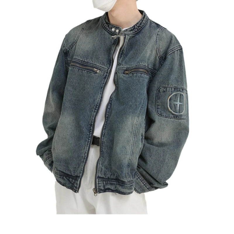 Threebooy 90s Streetwear American Workwear Denim Jacket Men's Spring Autumn New Style Loose Standing Collar Denim Jacket Top