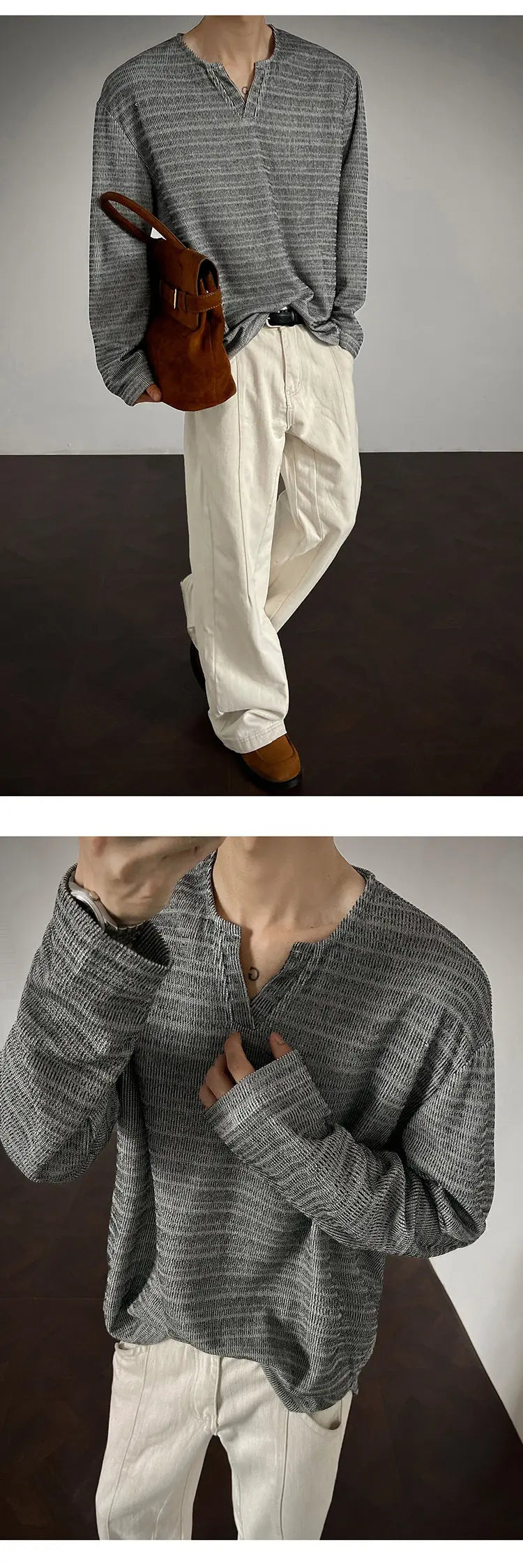 Threebooy 2025 New Fall Mens Long Sleeve Tshirt Soft Comfortable Casual Knitted Shirt V Neck Top Fashion Mens Clothing Teen Boys Clothing