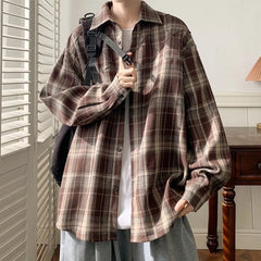 Threebooy Spring New Casual Plaid shirt Men's Loose Streetwear Long-sleeved Shirt Retro Shirts Men Classic American style shirt