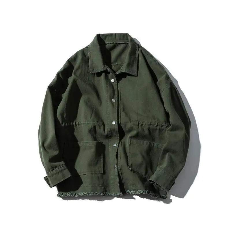 Threebooy Japanese Cargo Retro Jacket Men 2025 Spring Loose Large Size Army Green Denim Jacket Preppy Trendy High-end Simple Jacket Chic