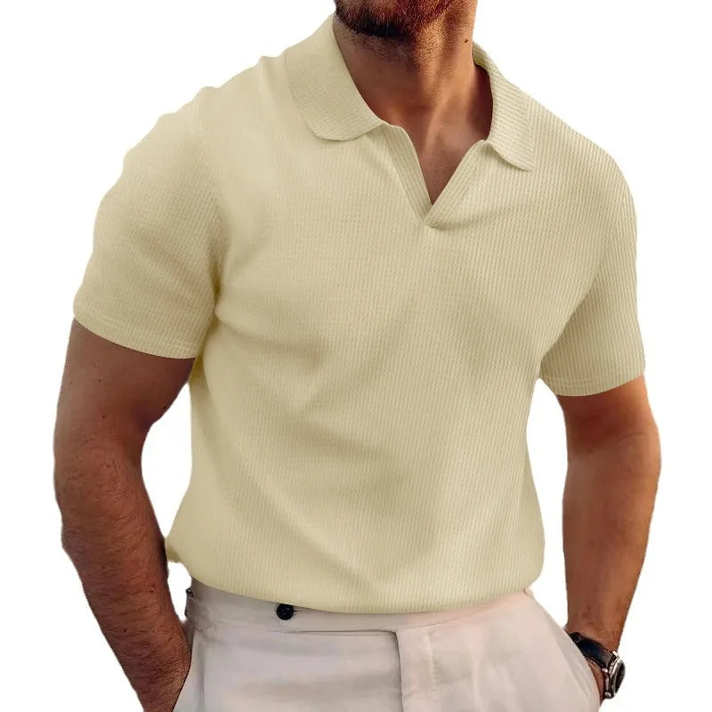 Threebooy  Summer New Polo Collar Casual Fashion Men's Clothing Heavy Waffle Short Sleeve Solid Color Casual V Collar Polo Shirt