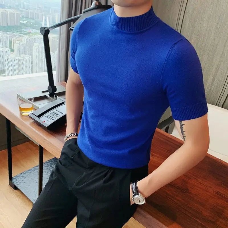 Threebooy  Half Turtleneck Men's T-Shirts Autumn Winter Short-sleeved Sweater Tight Mid-collar Solid Color Thread Slim Base Shirt