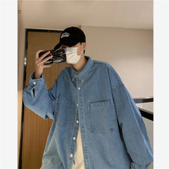 Threebooy Autumn ins high street cowboy shirt men's design inside couple simple long sleeve outside Lapel shirt Denim camisa jeans