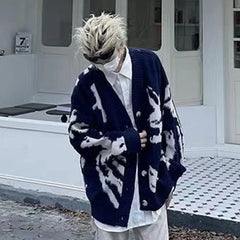 Threebooy American Oversized Sweater Cardigan Vintage Flocking Knit Sweater Men's Clothing Loose Winter Cardigans Y2k Hip-Hop Streetwear