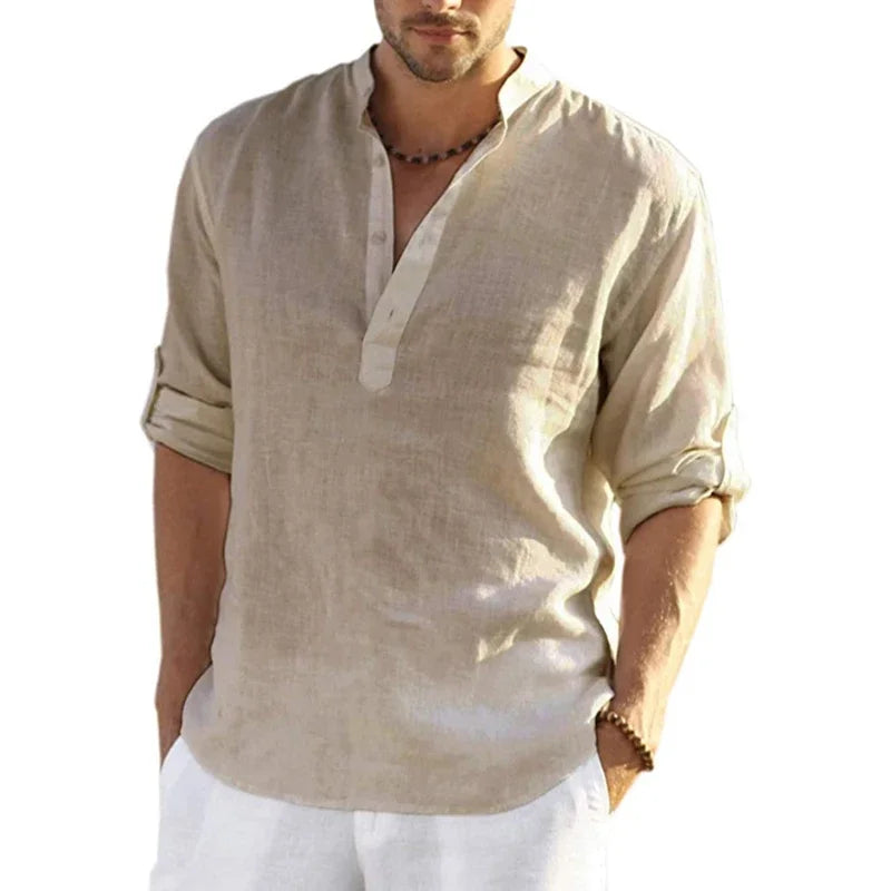 Threebooy  New Linen Shirt Men Brief Breathable Comfy Solid Color Long Sleeve Loose Harajuku Casual Blouse Hawaiian Shirts