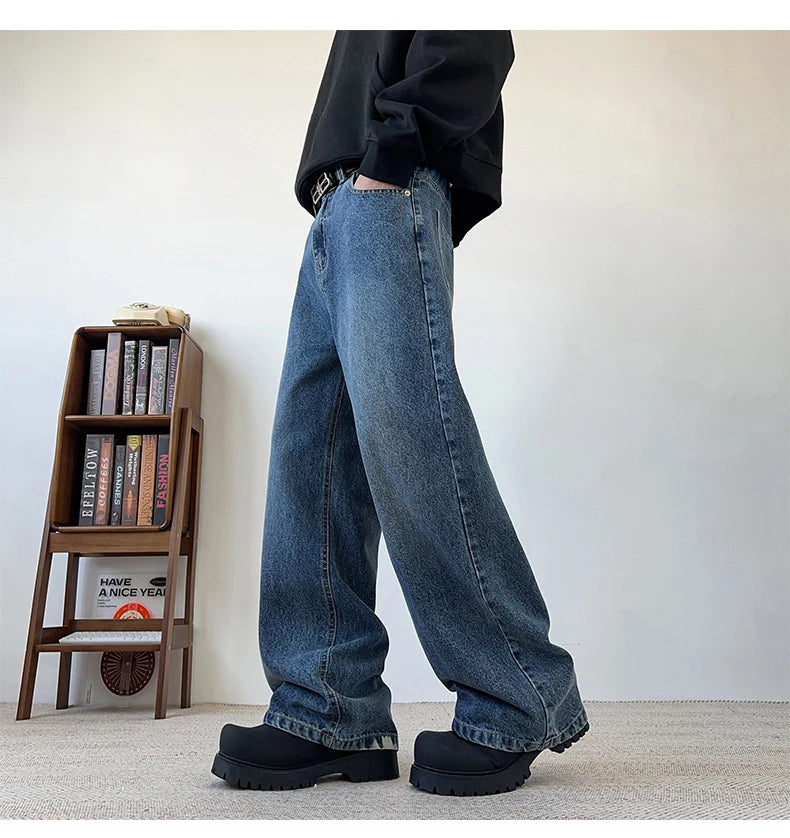 Threebooy Men's Wide Leg Curved-Knife Jeans Summer American Bamboo Pattern Striped Texture Design Men Trendy Denim Pants 2025 Baggy Jeans