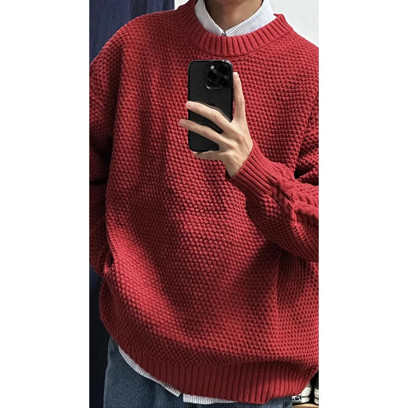 Threebooy Heavy Japanese Sweater Loose Round Neck Pullover Fashionable High-end Red Sweater Men Women's Inner Base Knitted Sweater Chic