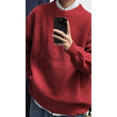 Threebooy Heavy Japanese Sweater Loose Round Neck Pullover Fashionable High-end Red Sweater Men Women's Inner Base Knitted Sweater Chic