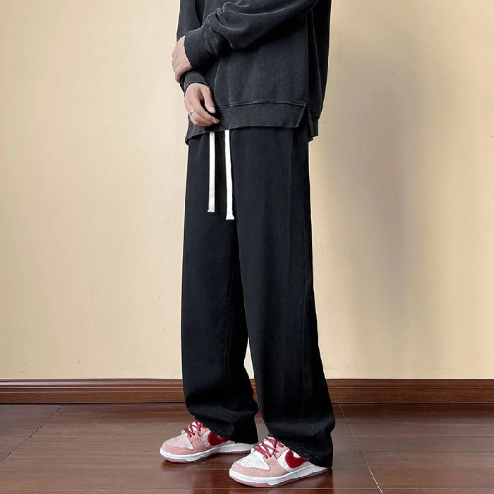 Threebooy  Streetwear Men's Elastic Waist Wide Leg Baggy Jeans Korean Fashion New Autumn Retro Oversize Jeans Male Drawstring Design Pants