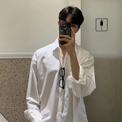 Threebooy Long shirt New Solid Loose Boyfriend Blouse Korean Shirt Men Gray White Black Turn Down Collar Casual Oversized Shirt Handsome