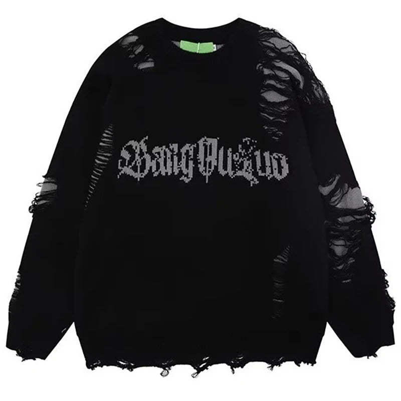 Threebooy New Hole Sweater Male Autumn Vintage High Street Gothic Dark Pullover Round-Neck Knit Design Irregular Letters Oversize Sweater