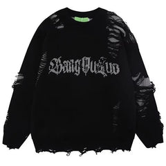 Threebooy New Hole Sweater Male Autumn Vintage High Street Gothic Dark Pullover Round-Neck Knit Design Irregular Letters Oversize Sweater