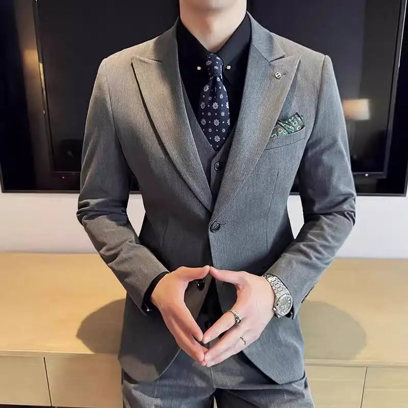 Threebooy  2 Pieces Handsome Two-Button Suit Set For Men, Korean Style Slim Fit Gun Lapel Casual Business Blazer