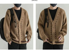 Threebooy Autumn Winter V-neck Sweater Cardigan Men's Casual Loose Fitting Thread Jacket Japanese Trend Korean Version Knitted Sweater