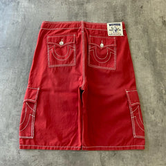 Threebooy Y2K New Line Embroidered Red Denim Mid Pants American Retro Gothic Jeans Men Street Hip Hop Harajuku Punk Loose Wide Legs Shorts