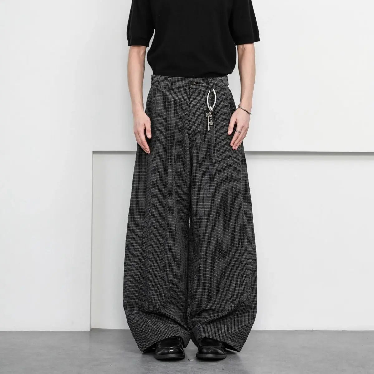 Threebooy  Y2k Vintage Plaid Wide Leg Pants Men Loose Streetwear Baggy Curved Pants Work wear Business Suit Trousers