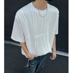Threebooy Men Pleated Chic T Shirt Solid Color O-neck Short Sleeve Casual Tshirt Men Clothing Streetwear 2025 Summer Fashion Camisetas