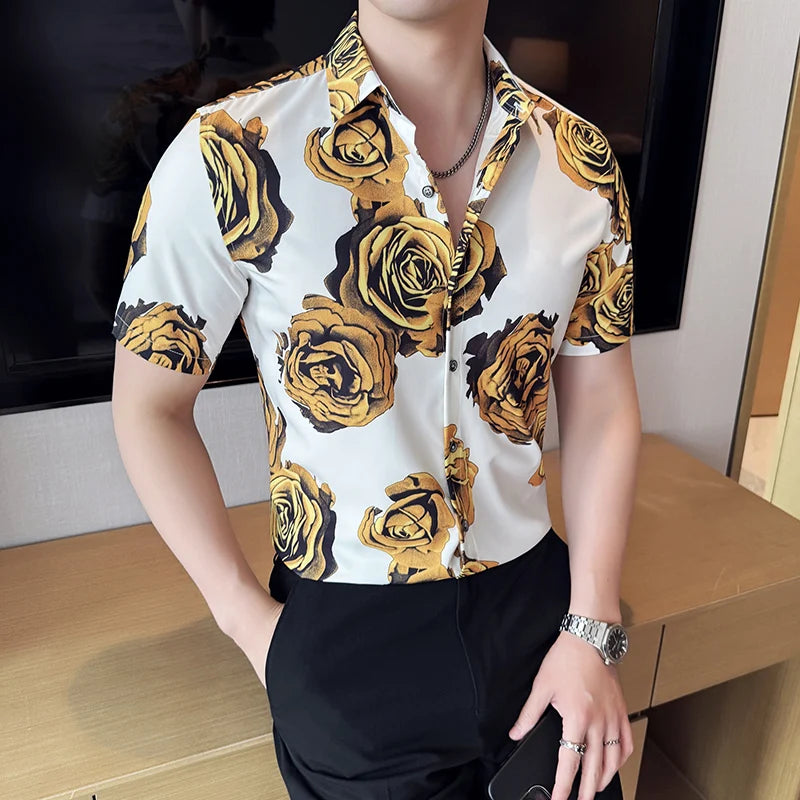 Threebooy  Summer New Fashionable Printed Short Sleeve Shirt Ice Silk Comfortable Shirt Fashionable Casual Flower Quality Men's Wear