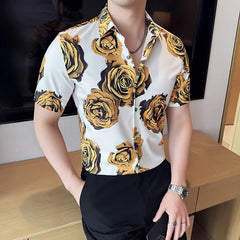 Threebooy  Summer New Fashionable Printed Short Sleeve Shirt Ice Silk Comfortable Shirt Fashionable Casual Flower Quality Men's Wear