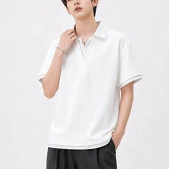 Threebooy  Men Fake Two-Piece Polo Shirt Stripe Patchwork Design Loose Fit Short Sleeve Casual Streetwear Tops Trend New