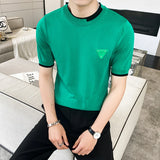 Threebooy Brand clothing Men's Summer Casual Knitting T-Shirt/Male Slim Fit Set Head Knit Shirts O-Neck Stretched Tee Shirt Homme