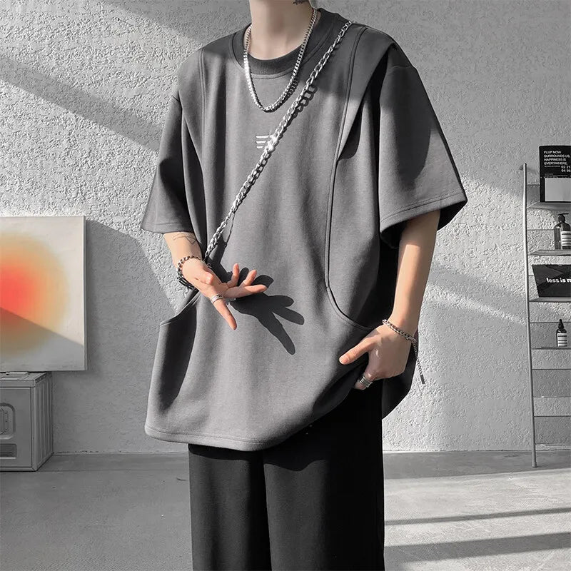 Threebooy  t shirt Men Loose Fit Crew Neck T-Shirt Solid Streetwear Urban Casual Patchwork Design Trendy Hip Hop Tee man 2024 Fashion