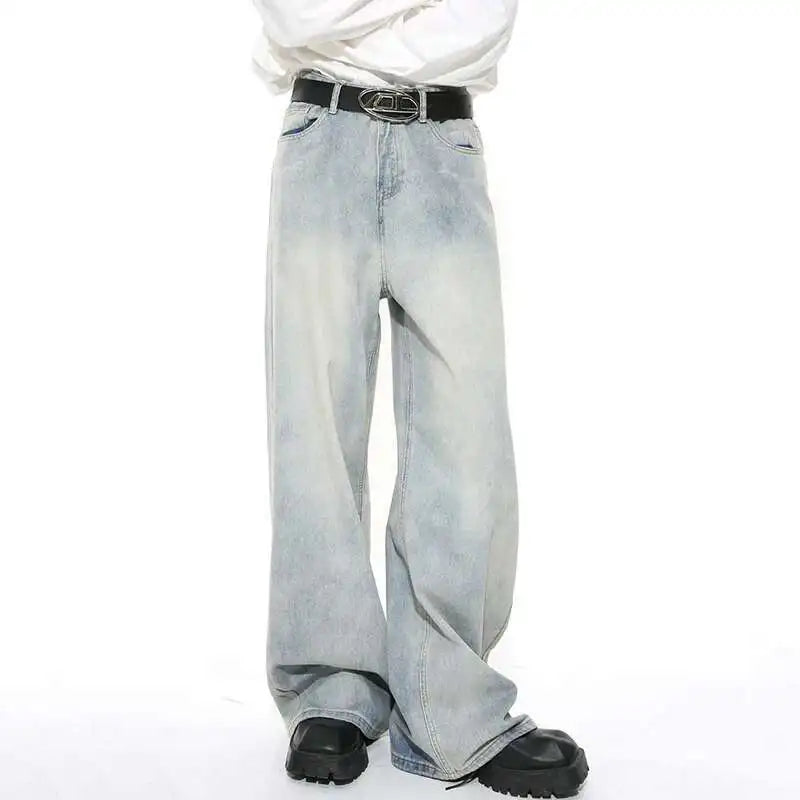 Threebooy  Washed Male Jeans Korean Fashion Worn Out Gradient Color Men's Denim Straight Pants Men Wide Leg Trousers Spring New
