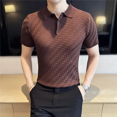 Threebooy Men's Summer Casual Short Sleeves High Quality Knitted Polo Shirts/Male Slim Fit Ice Silk Plaid Leisure Polo Shirts Tops S-3XL