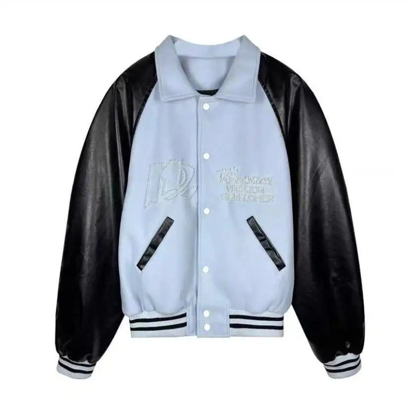 Threebooy  American Retro Baseball Uniform High Street Contrasting PU Leather Bead Design Ragdoll Sleeve Jacket Versatile Couple Jacket