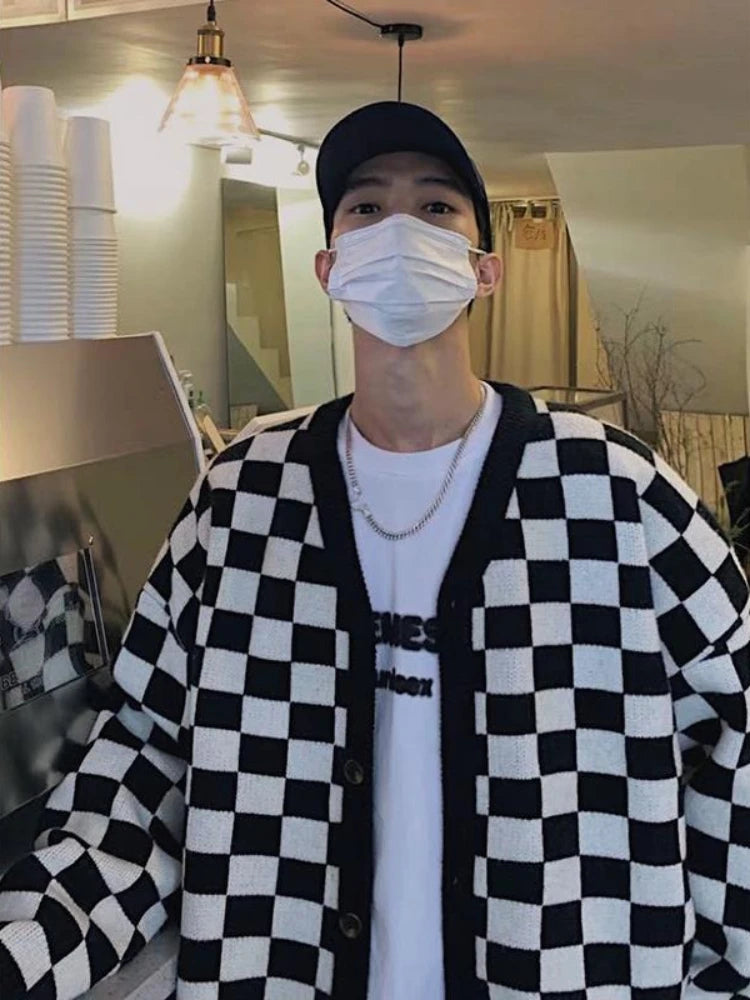 Threebooy Autumn Vintage Checkerboard Cardigan Long-sleeved Button Sweater Men's Preppy Casual Knitwear Jacket Unisex Streetwear