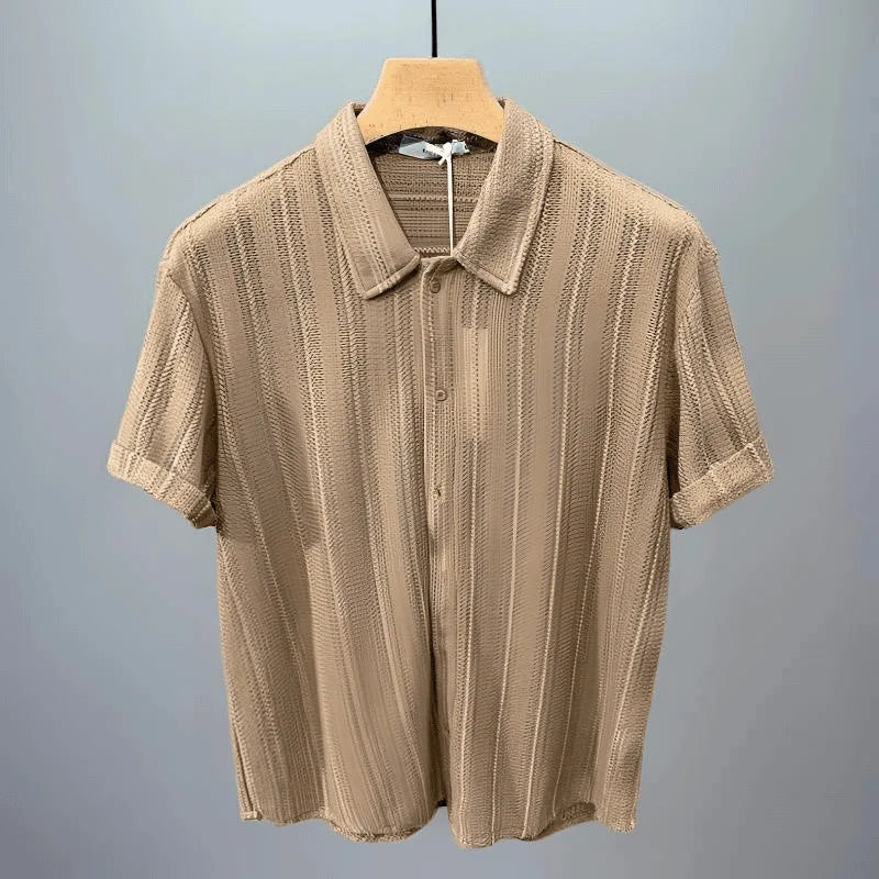 Threebooy  New High-End Hollow Design Men's Summer Thin Short-Sleeve Shirt - Lapel Casual Top