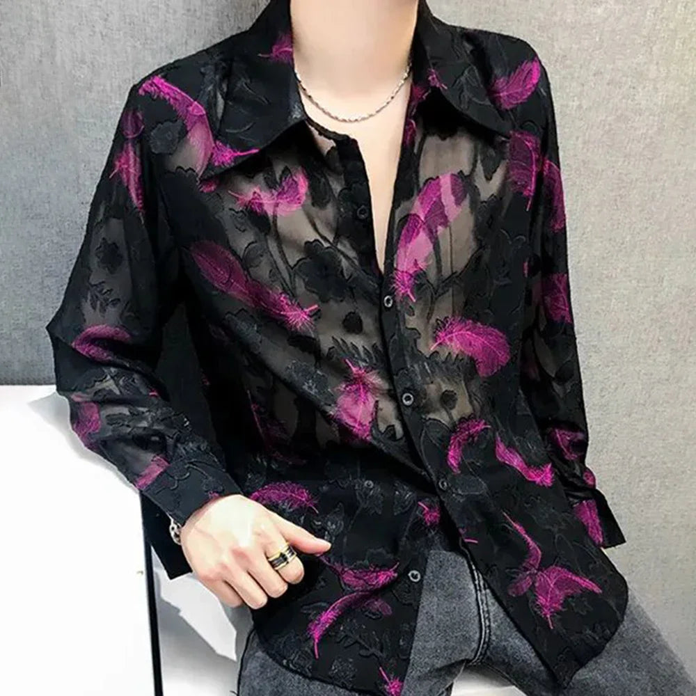 Threebooy 2024 New Mens Genderless Sexy Nightclub Feather Embroidered Mesh Shirt Fashionable Elegant Casual Loose Unisex Long Sleeve Shirt