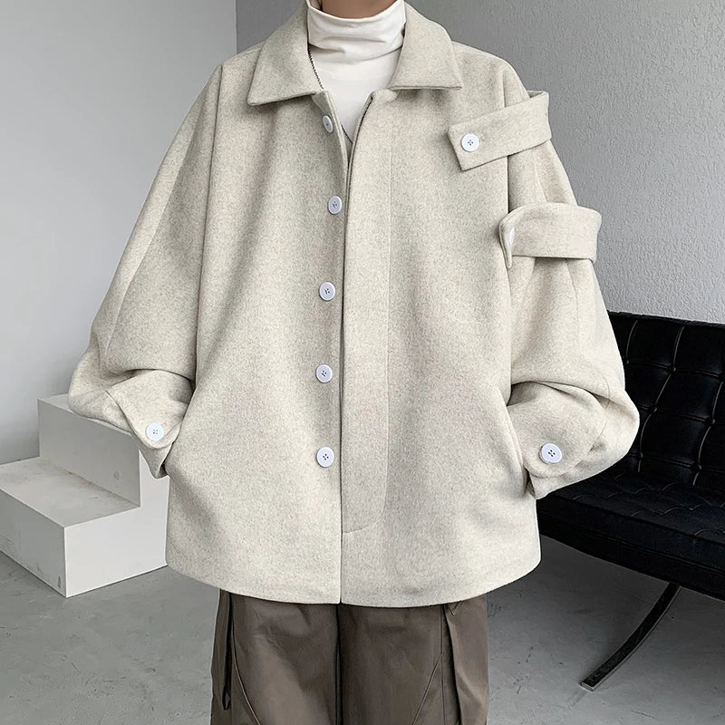 Threebooy Streetwear Woolen Coat Men's Autumn Winter Minority Lapel Jacket American Retro Loose Casual Asymmetrical Jacket