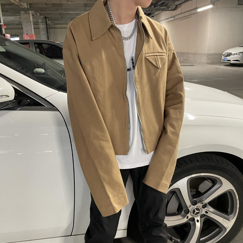 Threebooy Short Lapel Jacket Men's Spring Autumn Vintage Handsome High Street Jacket Men Women's Versatile Preppy Zipper Up Coat