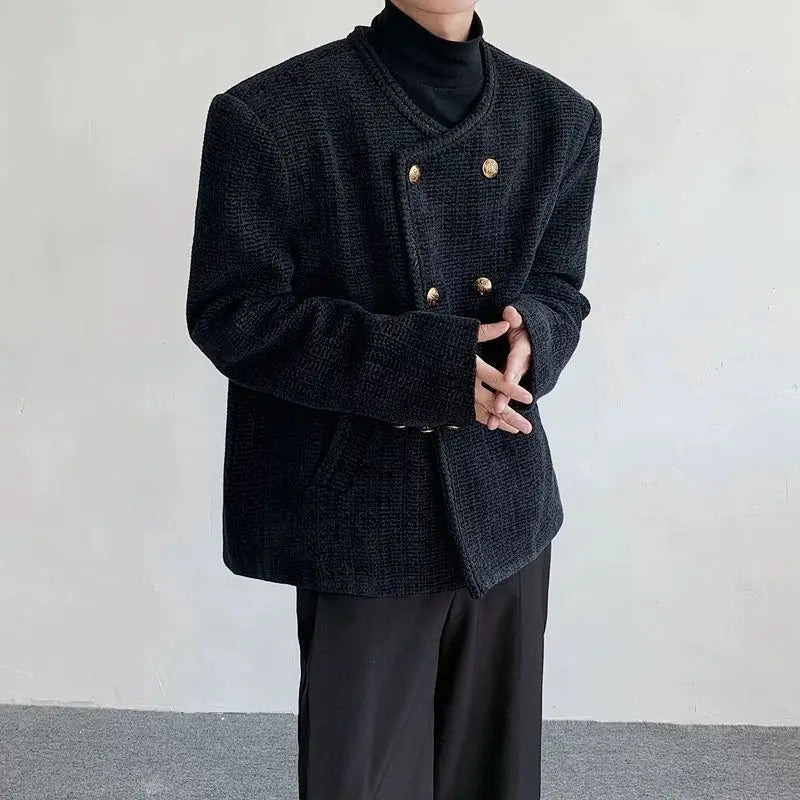 Threebooy American Elegant Blazer Coat Autumn Winter High-end Wool Suit Men's Korean Style Loose Double-breasted Suit Vintage Jacket Chic